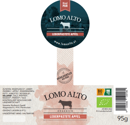 Etikette Biologische Leberpastete Apfel im Glas 95g von Lomo Alto