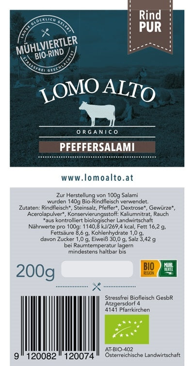 Pfeffersalami mild geräuchert 200g/Stk lomo alto biologisch