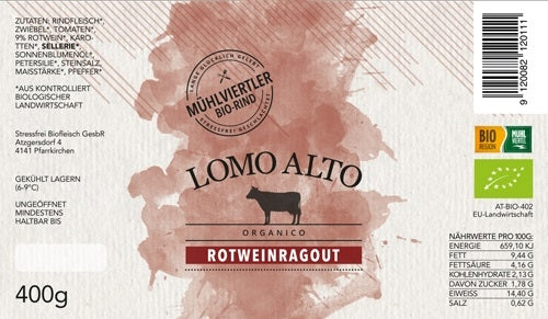 Rotweinragout im Glas 400g etikett biologisch lomo alto